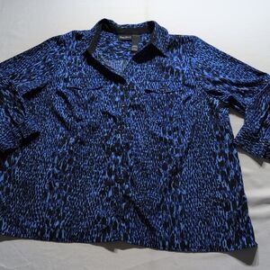 Maggie Barnes Blue and Black Lightweight Shirt Jacket with Bold Pattern